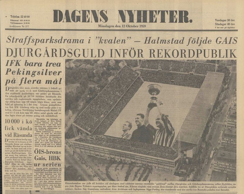 Dagens nyheters förstasida efter publikrekordet och guldmatchen 1959 på Råsunda