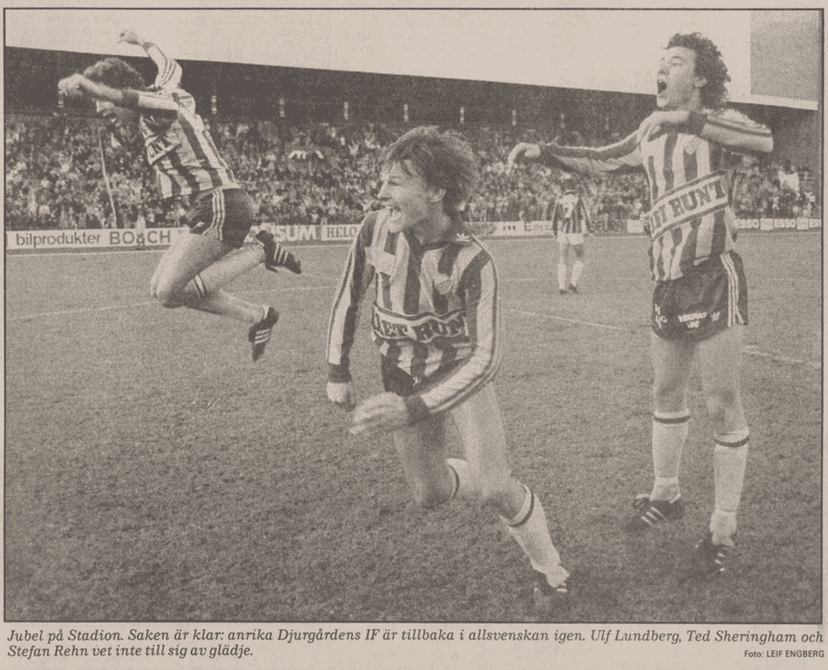 Ulf Lundberg, Teddy Sheringham och Stefan Rehn jublar efter kvalet mot GAIS 1985