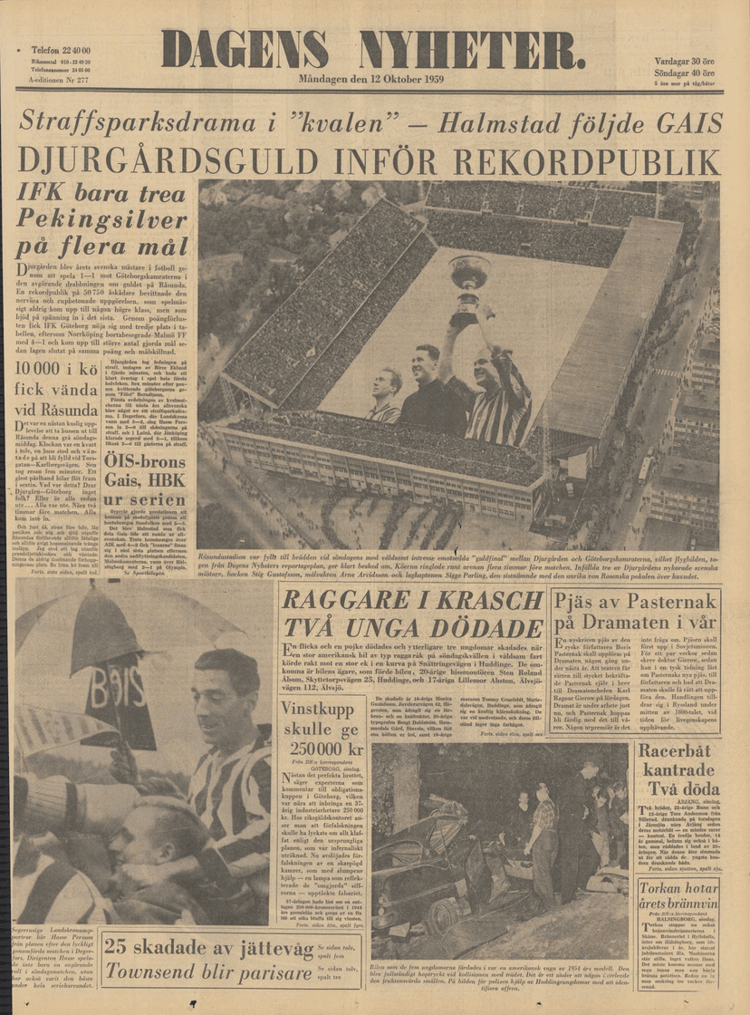 Dagens nyheters förstasida efter guldet 1959